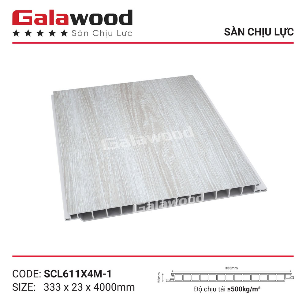Sàn chịu lực SCL611-1 có quy cách 333 × 23mm, với chiều dài 3000mm hoặc 4000mm