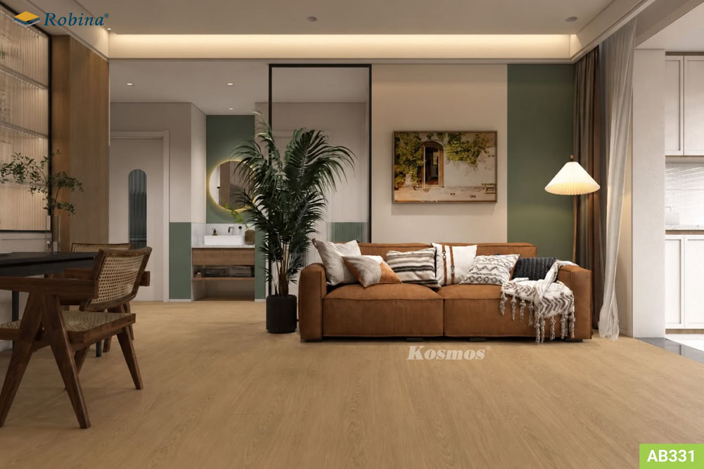 Sàn gỗ AB331 vàng nâu có thể làm nổi bật nội thất các nội thất gỗ trong phòng khách