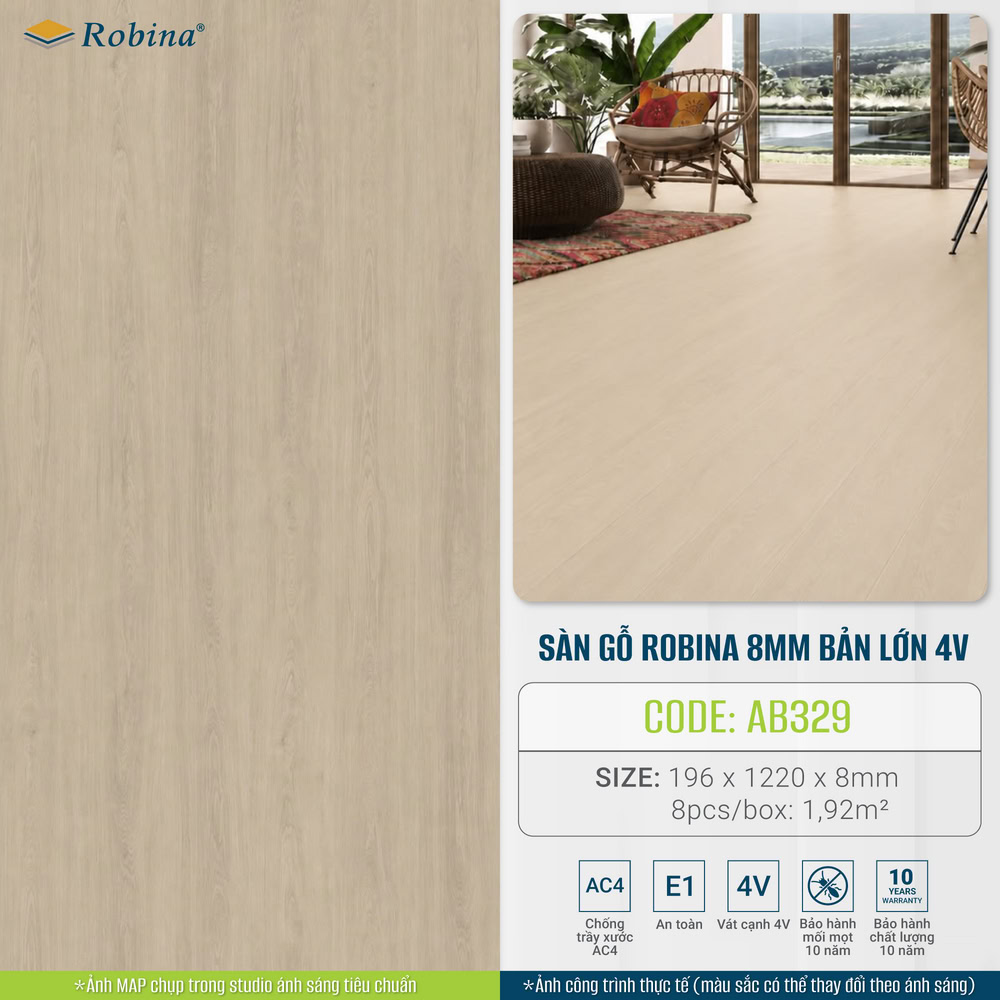 Sàn gỗ Robina AB329 có kích thước 196 x 1220 x 8mm