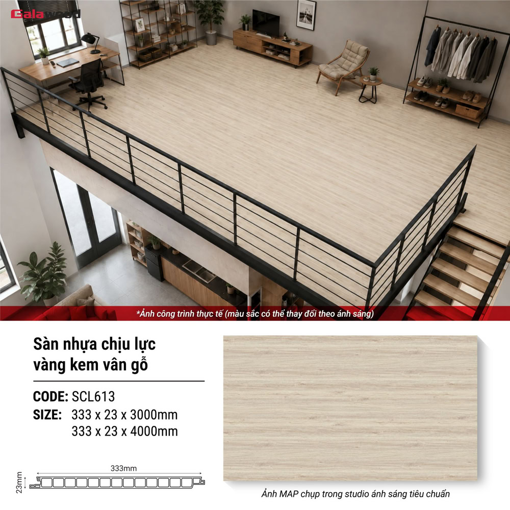 Sàn nhựa chịu lực SCL613 nổi bật với sắc vàng kem trang nhã và kích thước 333 x 23 x 3000/4000mm Sàn nhựa chịu lực SCL613 nổi bật với sắc vàng kem trang nhã và kích thước 333 x 23 x 3000/4000mm