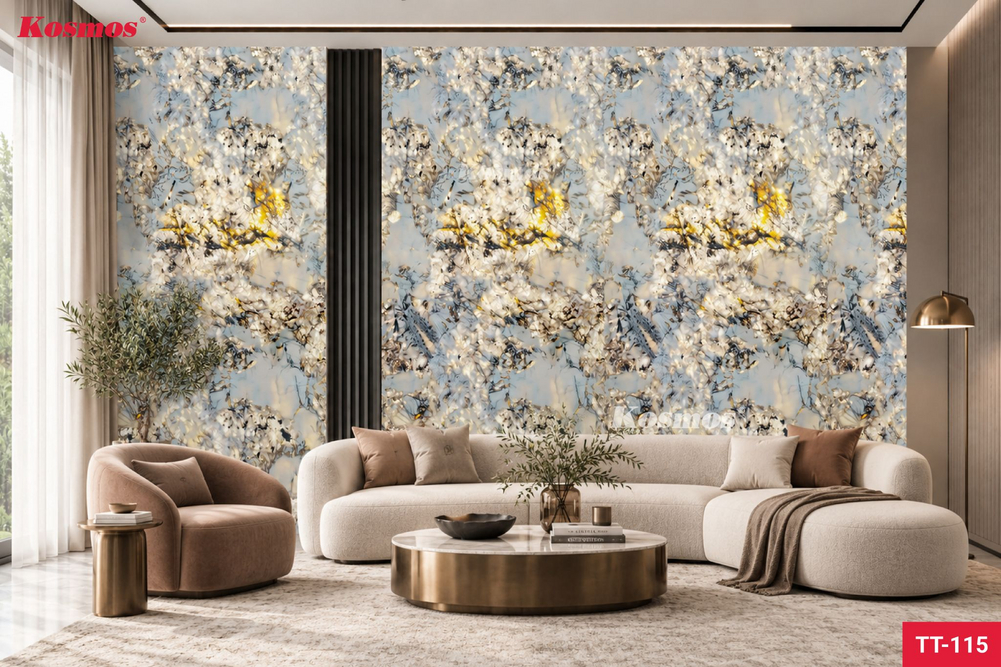 Tấm ốp TT-115 vân đá phủ sương ánh vàng có thể ứng dụng ở phòng khách hoặc vách sofa