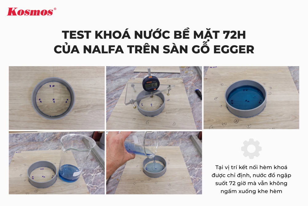 Test khoá nước bề mặt 72 giờ của NALFA trên sàn gỗ Egger