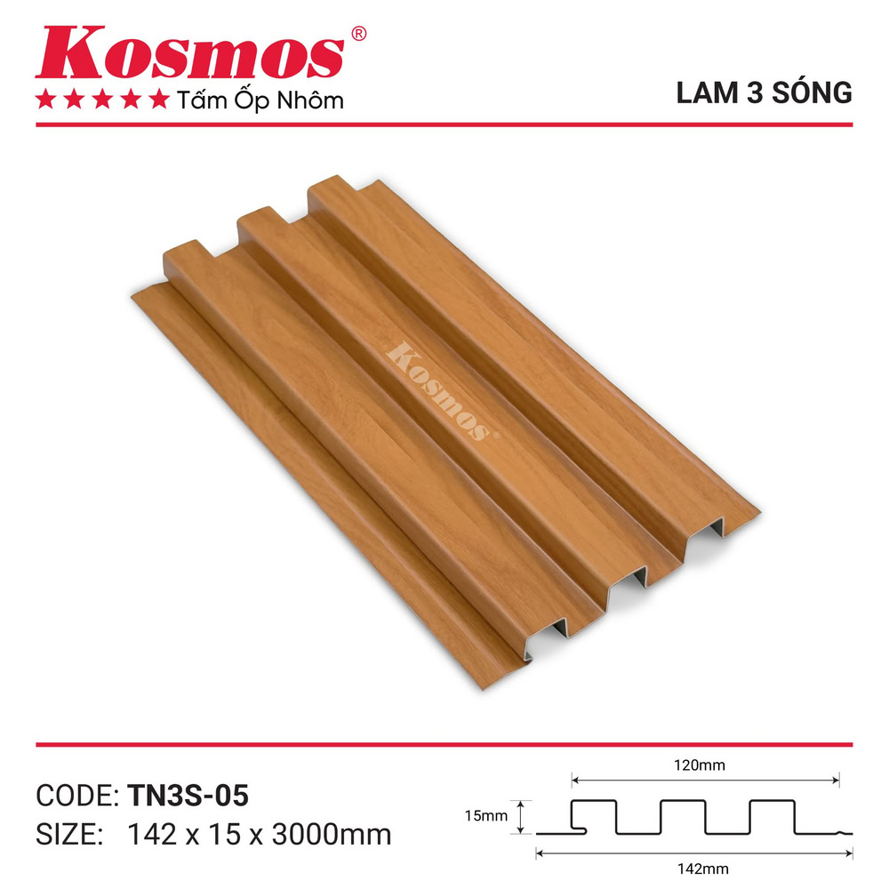 Trần nhôm 3 sóng thấp vân gỗ vàng cam TN3S-05 Trần nhôm 3 sóng thấp vân gỗ vàng cam TN3S-05