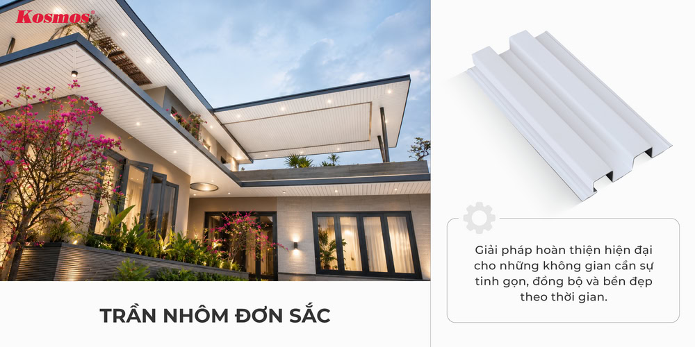 Trần nhôm đơn sắc là hệ trần sử dụng tấm ốp nhôm sơn cuộn 1 màu duy nhất