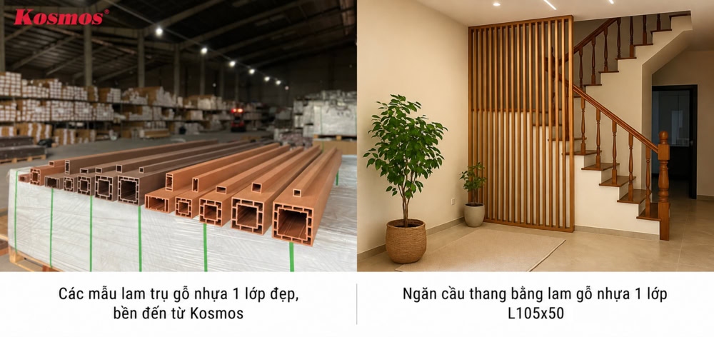 Trang trí mặt tiền công trình bằng lam gỗ nhựa 1 lớp L105x50 Trang trí mặt tiền công trình bằng lam gỗ nhựa 1 lớp L105x50