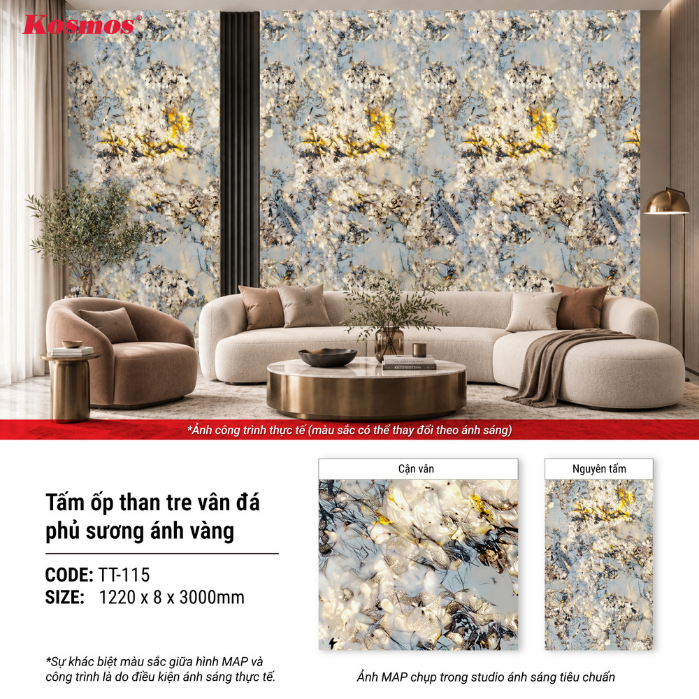 TT-115 vân đá phủ sương ánh vàng giúp không gian trở nên nhẹ nhàng và sang trọng