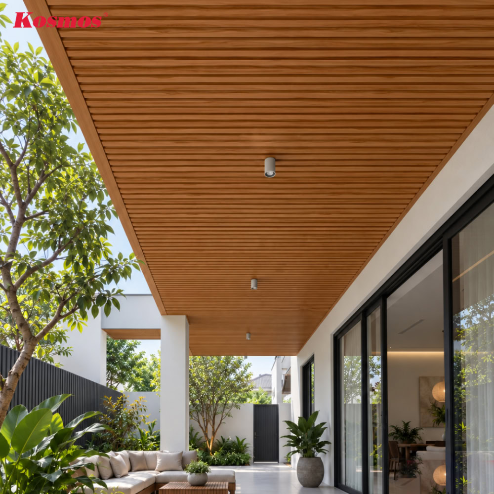 Ứng dụng nẹp L25-02 và tấm trần nhôm sóng đồng màu trang trí trần hiên Ứng dụng nẹp L25-02 và tấm trần nhôm sóng đồng màu trang trí trần hiên