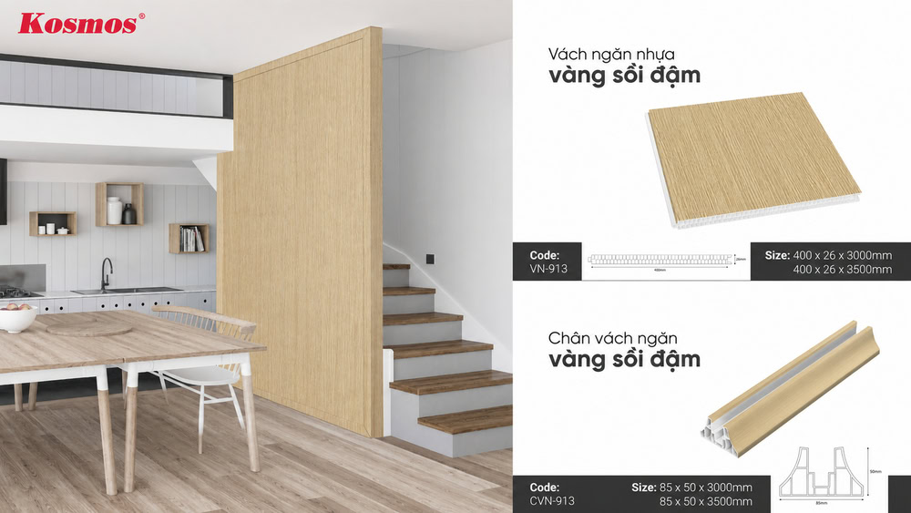 Vách ngăn nhựa cầu thang có kết cấu gồm tấm vách và chân vách Vách ngăn nhựa cầu thang có kết cấu gồm tấm vách và chân vách