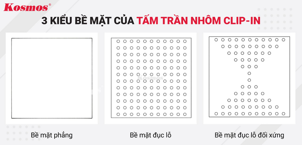 3 kiểu bề mặt của tấm trần nhôm Clip-in