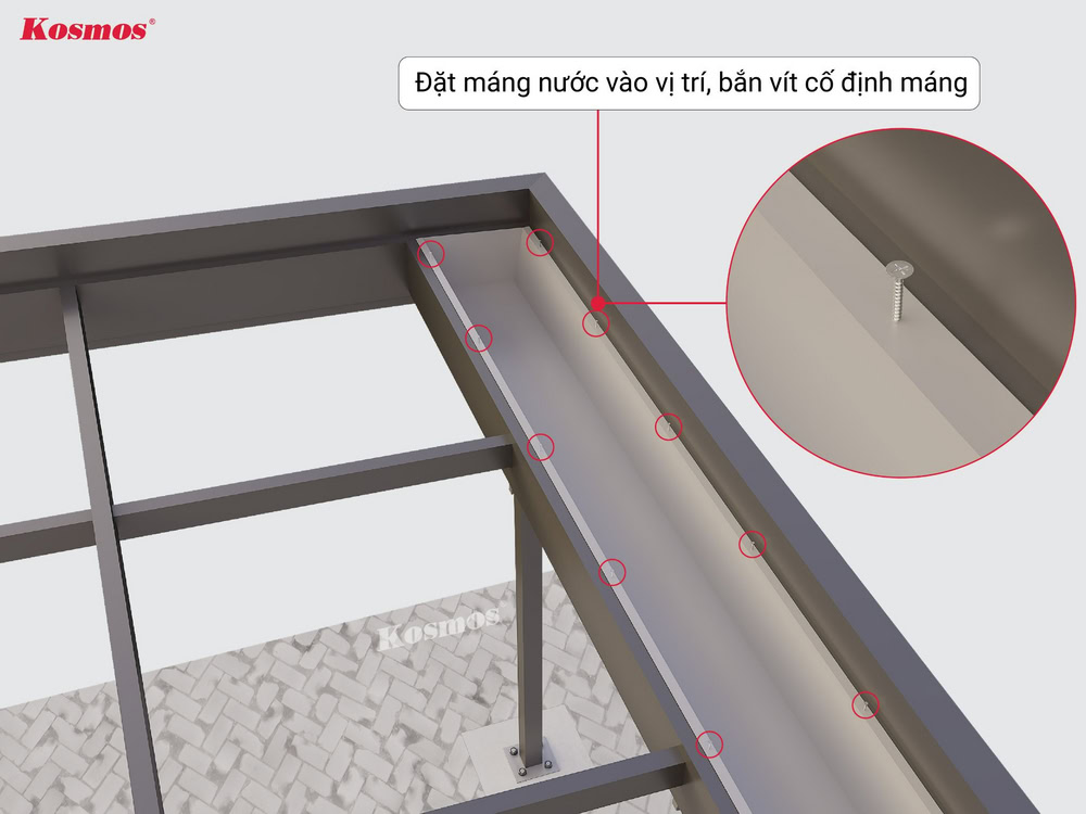 Bắn vít inox cố định máng nước vào khung xương Bắn vít inox cố định máng nước vào khung xương