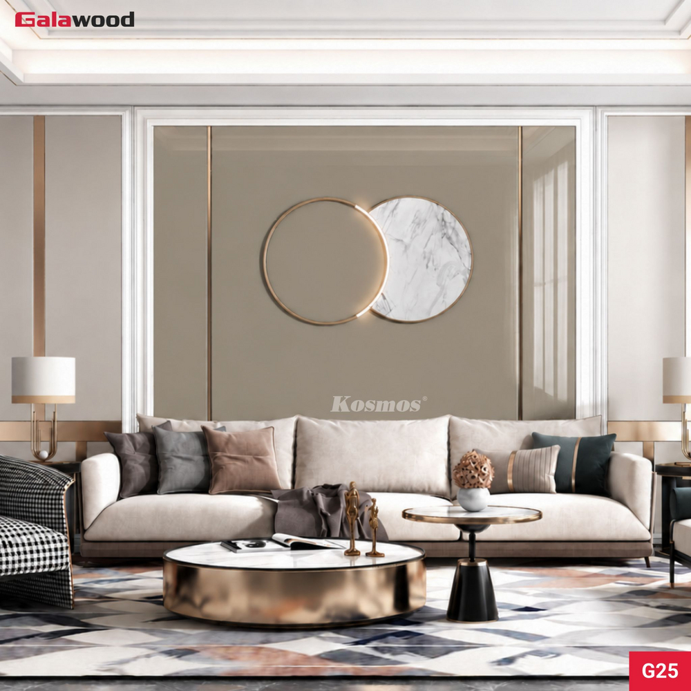 Bề mặt bóng nâu đậm của tấm ốp G25 tạo điểm nhấn rõ cho vách sofa