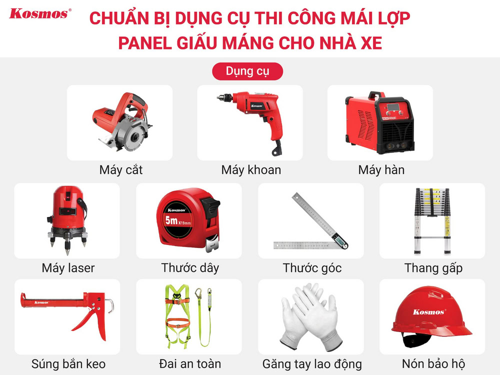 Các loại dụng cụ cần chuẩn bị thi công mái lợp Panel cho nhà để xe ô tô