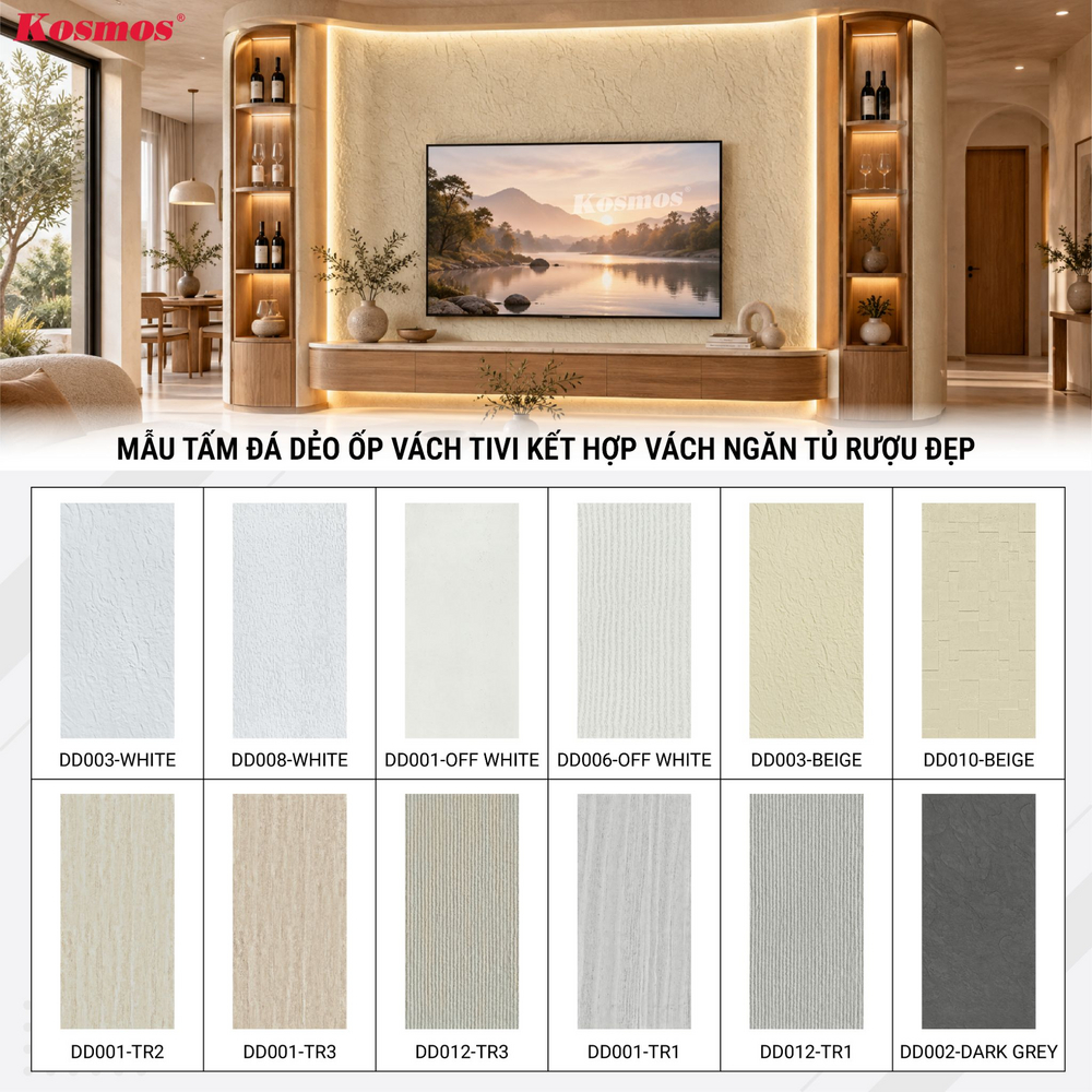 Các mẫu tấm đá dẻo ốp vách tivi kết hợp vách ngăn tủ rượu đẹp Các mẫu tấm đá dẻo ốp vách tivi kết hợp vách ngăn tủ rượu đẹp