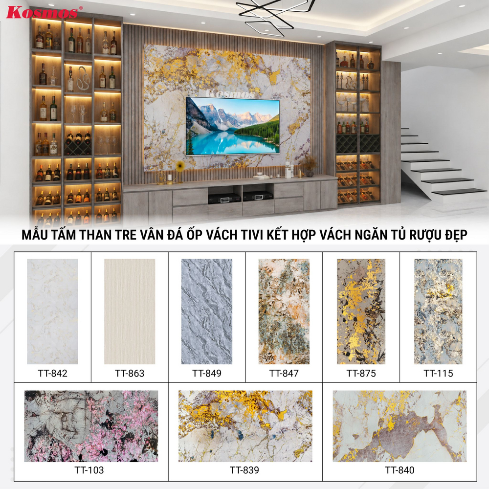 Các mẫu tấm than tre vân đá ốp vách tivi kết hợp vách ngăn tủ rượu đẹp Các mẫu tấm than tre vân đá ốp vách tivi kết hợp vách ngăn tủ rượu đẹp