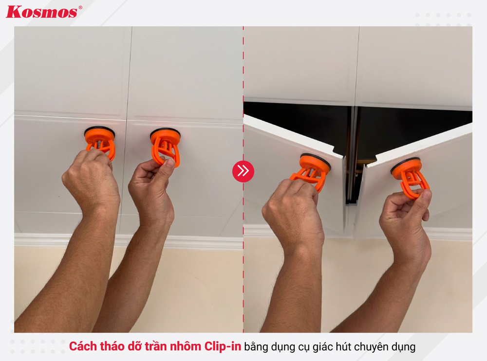 Cách tháo dỡ trần nhôm Clip-in bằng dụng cụ giác hút chuyên dụng
