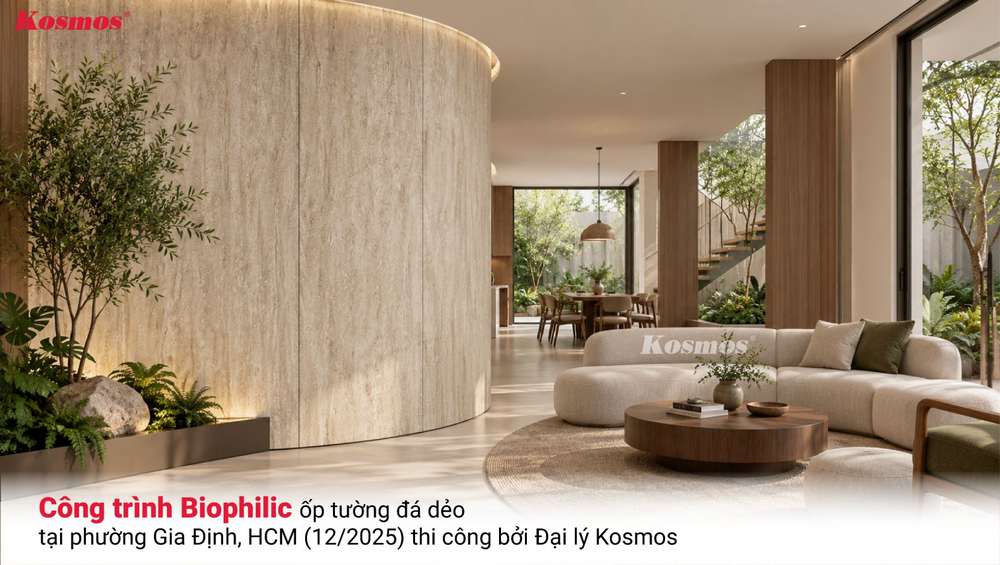 Công trình Biophilic ốp tường đá dẻo tại phường Gia Định, HCM (12/2025) thi công bởi Đại lý Kosmos Công trình Biophilic ốp tường đá dẻo tại phường Gia Định, HCM (12/2025) thi công bởi Đại lý Kosmos