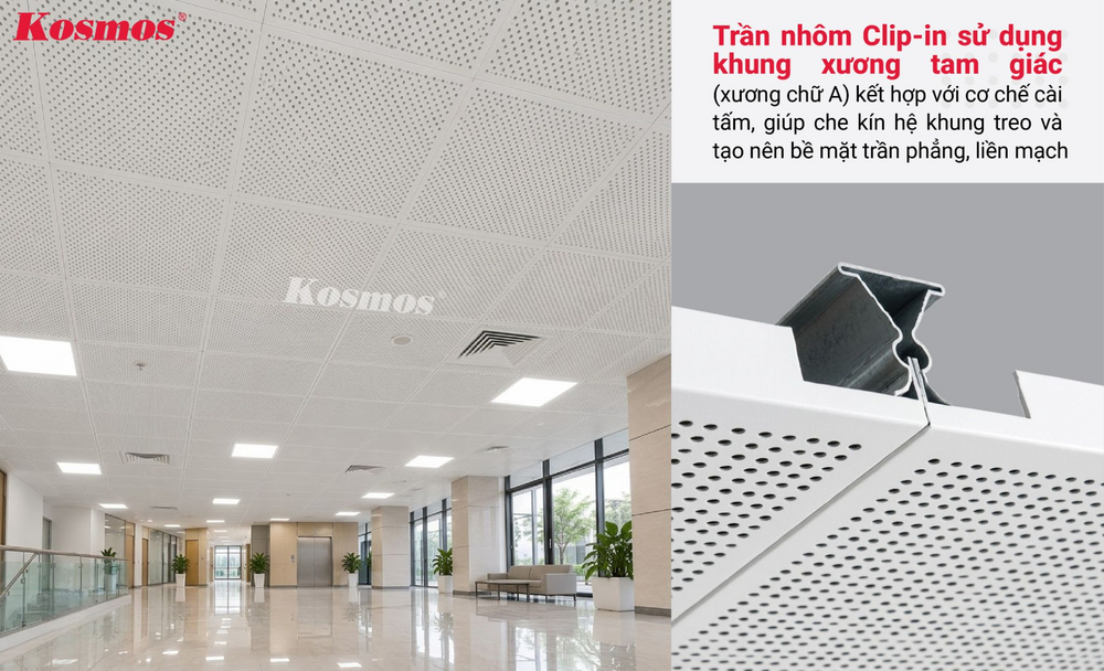 Hệ trần nhôm Clip-in sử dụng cơ chế cài tấm bằng hệ xương chữ A
