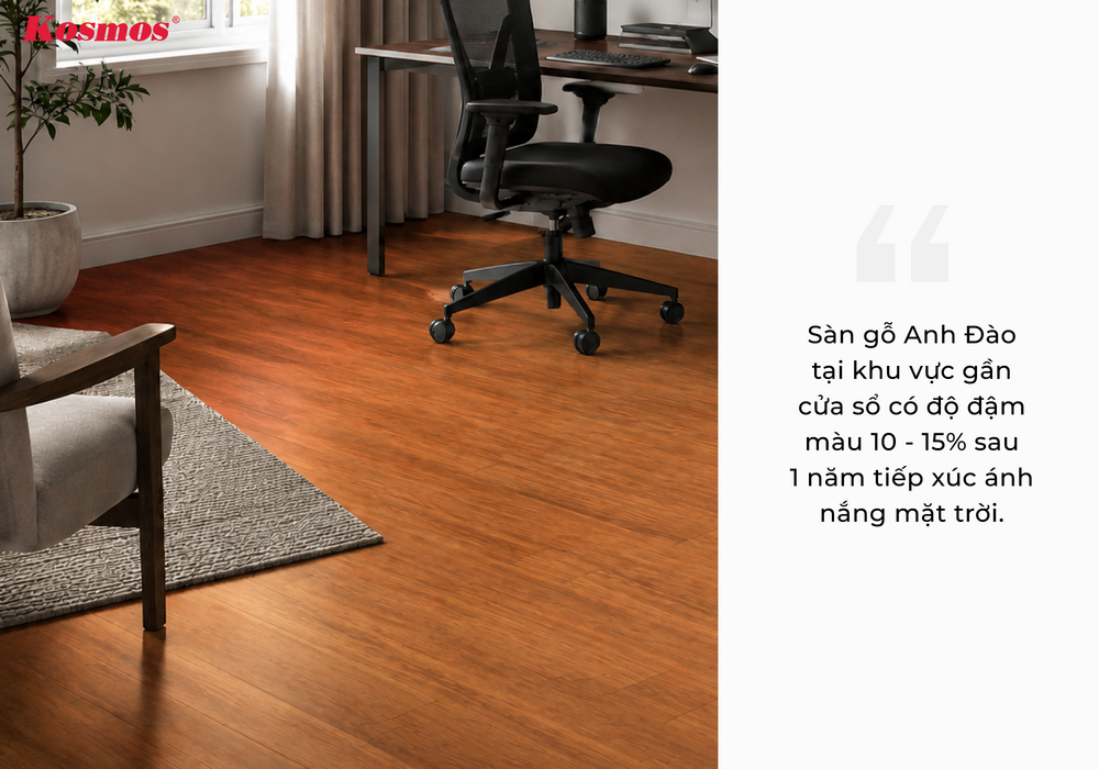 Hình công trình sàn gỗ Anh Đào phường Gò Vấp bị đậm màu tại khu vực cửa sổ Hình công trình sàn gỗ Anh Đào phường Gò Vấp bị đậm màu tại khu vực cửa sổ