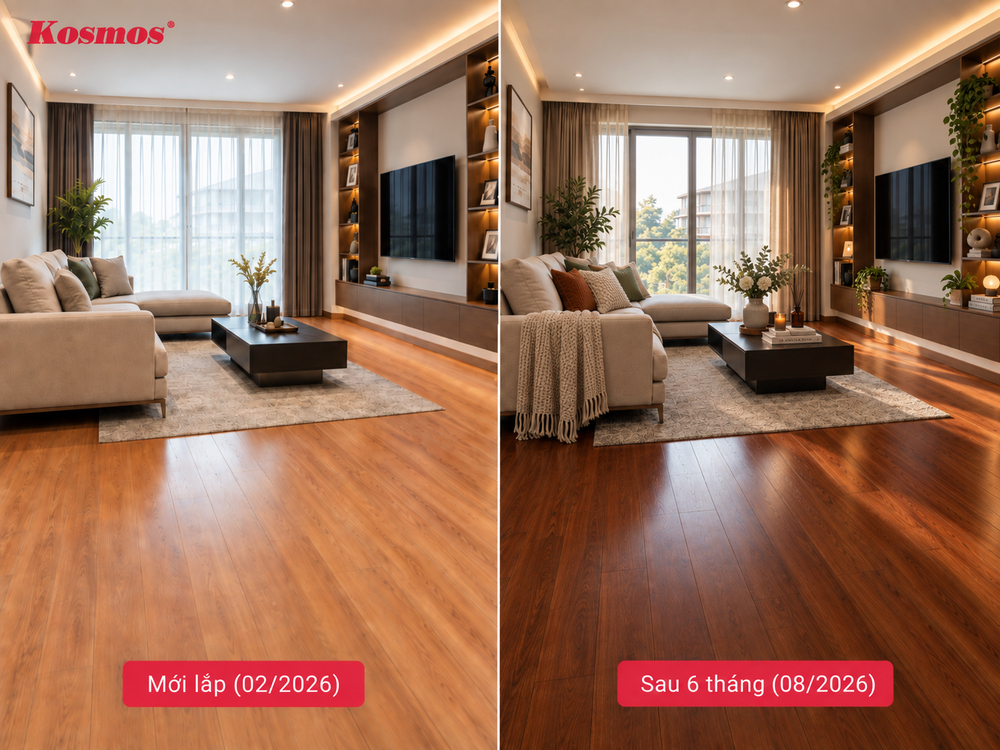 Hình công trình trước và sau 6 tháng của sàn gỗ Cherry lắp 24m² phòng khách Hình công trình trước và sau 6 tháng của sàn gỗ Cherry lắp 24m² phòng khách