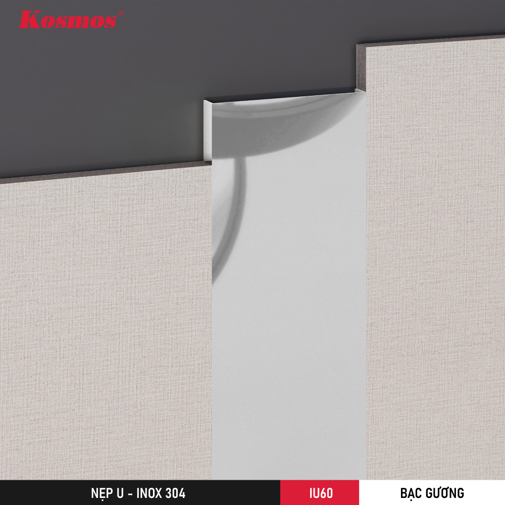 Hình minh hoạ lắp đặt nẹp U không tai 60mm inox bạc gương