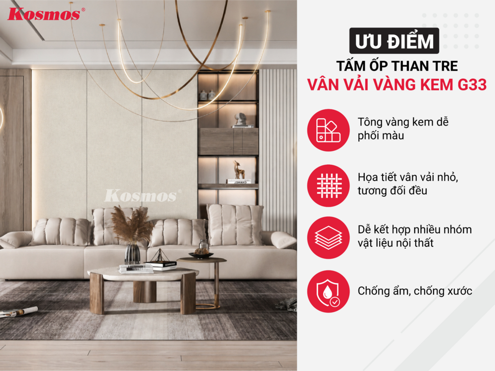 Ưu điểm tấm ốp than tre vân vải vàng kem G33 Ưu điểm tấm ốp than tre vân vải vàng kem G33