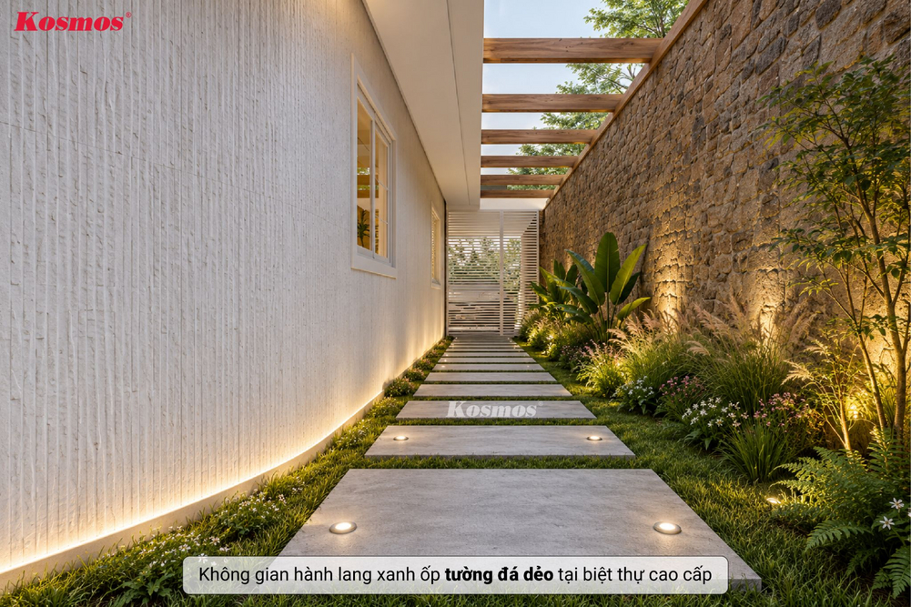 Không gian hành lang xanh ốp tường đá dẻo tại biệt thự cao cấp Không gian hành lang xanh ốp tường đá dẻo tại biệt thự cao cấp