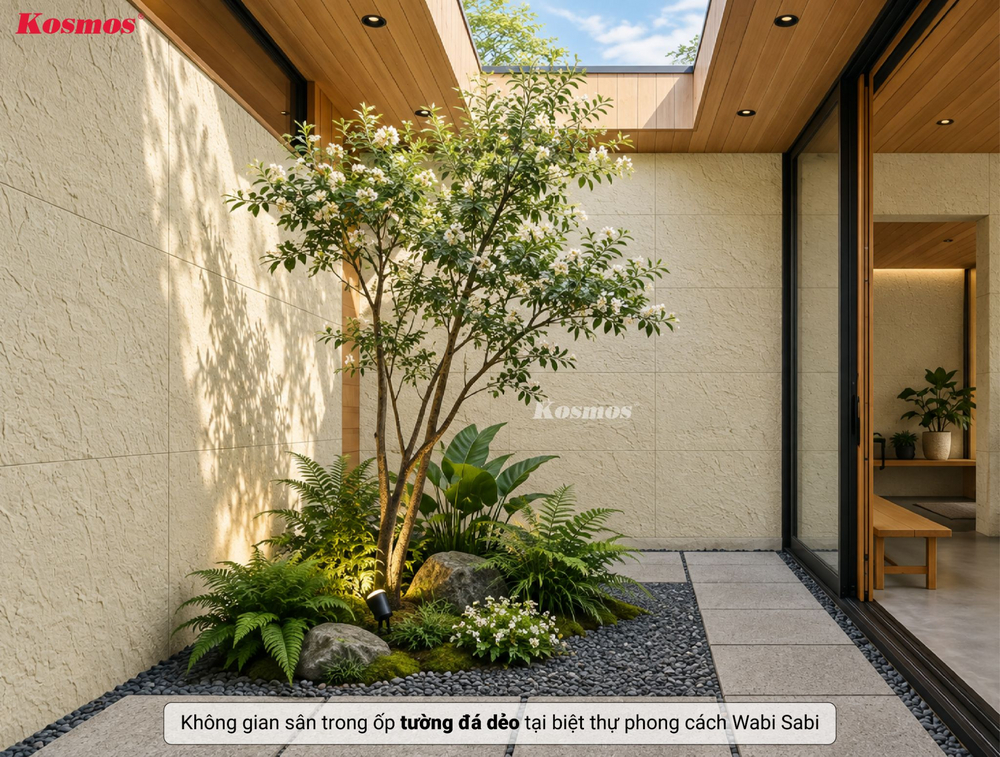 Không gian sân trong ốp tường đá dẻo tại biệt thự phong cách Wabi Sabi Không gian sân trong ốp tường đá dẻo tại biệt thự phong cách Wabi Sabi