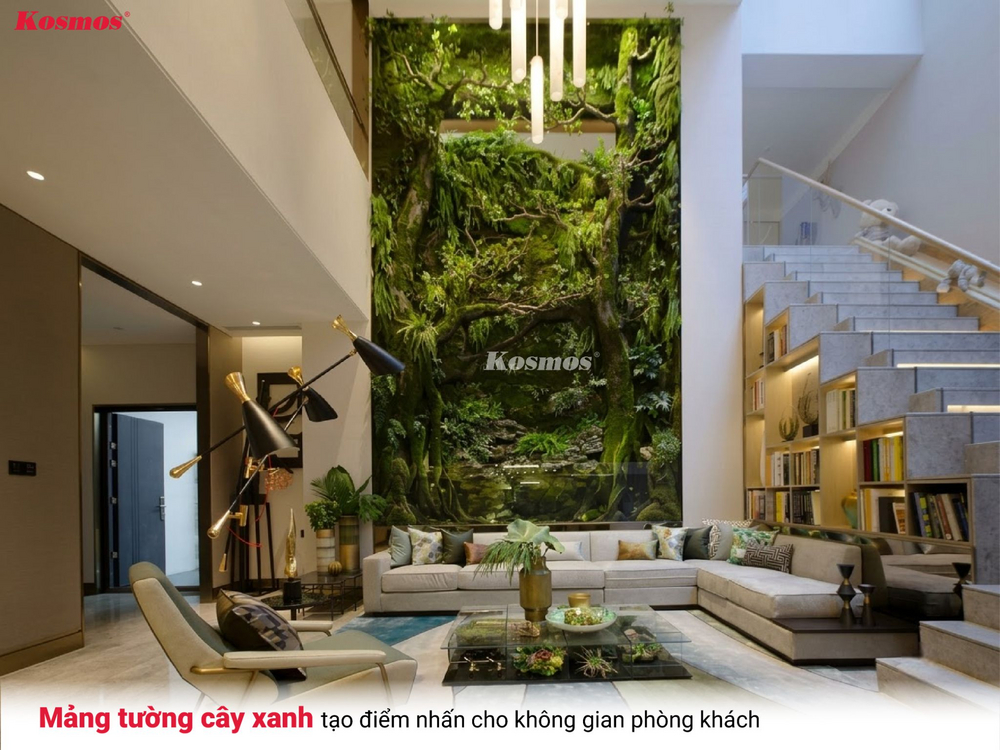 Mảng tường cây xanh tạo điểm nhấn cho không gian phòng khách Mảng tường cây xanh tạo điểm nhấn cho không gian phòng khách