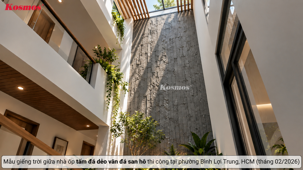 Mẫu giếng trời giữa nhà ốp tấm đá dẻo vân đá san hô thi công tại phường Bình Lợi Trung, HCM (tháng 02/2026) Mẫu giếng trời giữa nhà ốp tấm đá dẻo vân đá san hô thi công tại phường Bình Lợi Trung, HCM (tháng 02/2026)