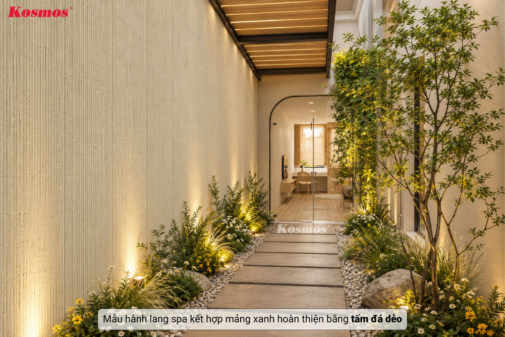 Mẫu hành lang spa kết hợp mảng xanh hoàn thiện bằng tấm đá dẻo Mẫu hành lang spa kết hợp mảng xanh hoàn thiện bằng tấm đá dẻo