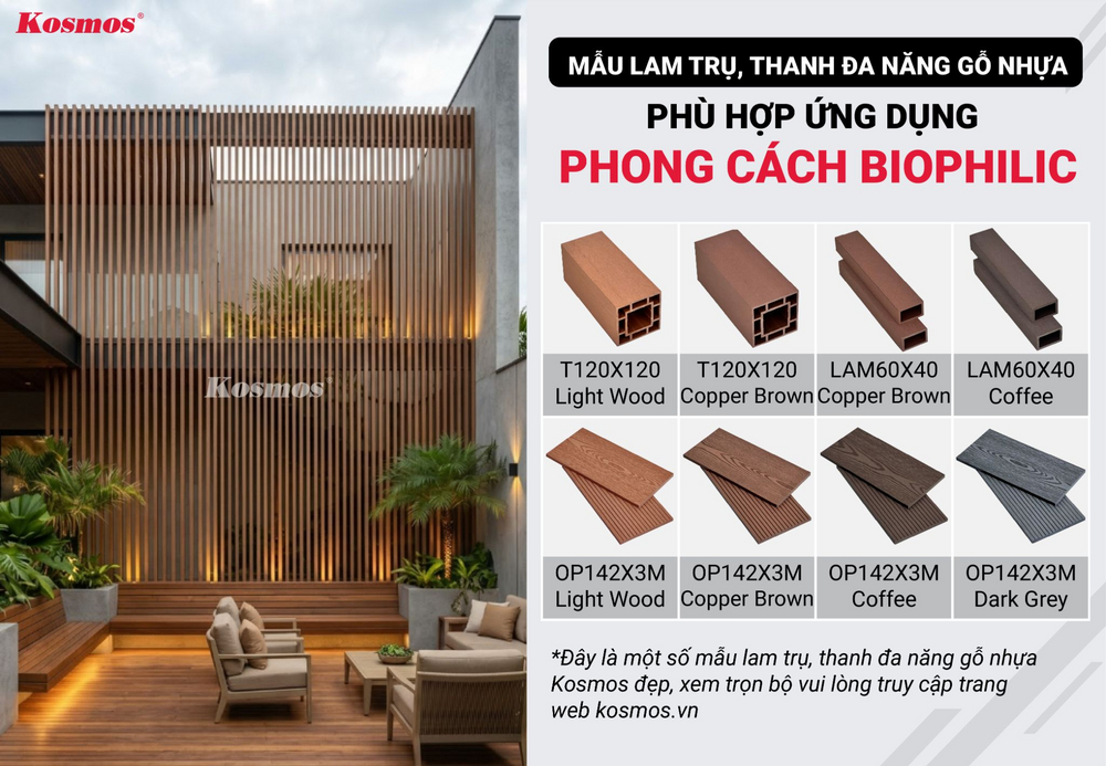 Mẫu lam trụ, thanh đa năng gỗ nhựa phù hợp phong cách Biophilic Mẫu lam trụ, thanh đa năng gỗ nhựa phù hợp phong cách Biophilic