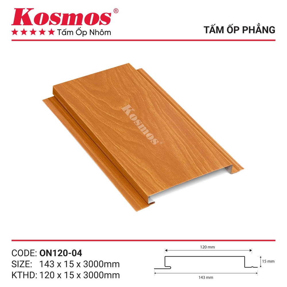 Mẫu mã trần nhôm phẳng vân gỗ cam cánh gián Kosmos ON120-04 Mẫu mã trần nhôm phẳng vân gỗ cam cánh gián Kosmos ON120-04