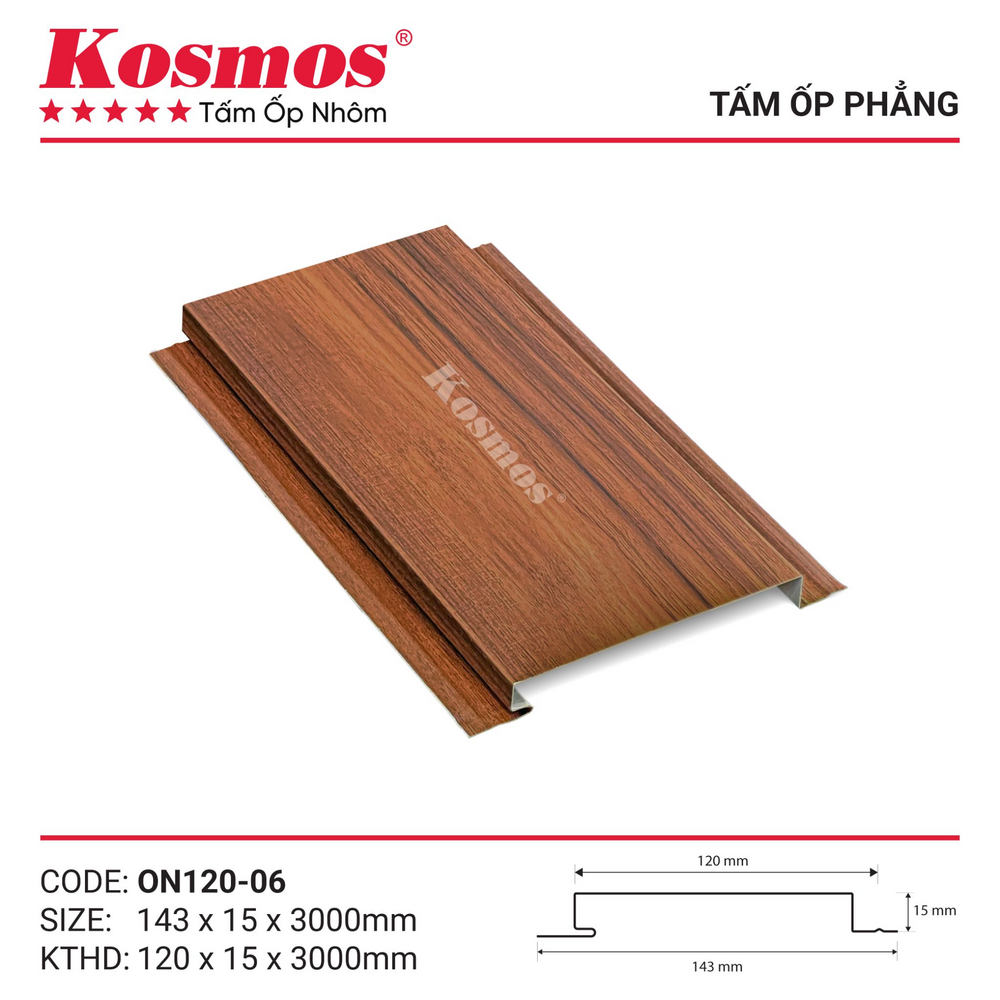 Mẫu mã trần nhôm phẳng vân gỗ nâu đỏ Kosmos ON120-06 Mẫu mã trần nhôm phẳng vân gỗ nâu đỏ Kosmos ON120-06