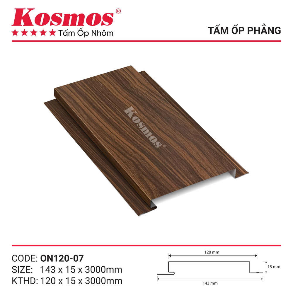 Mẫu mã trần nhôm phẳng vân gỗ nâu Walnut Kosmos ON120-07 Mẫu mã trần nhôm phẳng vân gỗ nâu Walnut Kosmos ON120-07