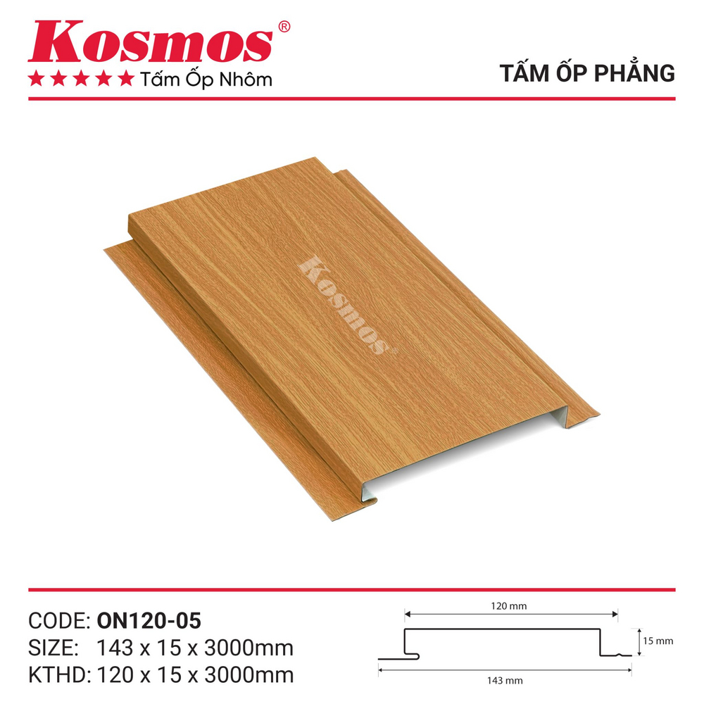 Mẫu mã trần nhôm phẳng vân gỗ vàng cam Kosmos ON120-05 Mẫu mã trần nhôm phẳng vân gỗ vàng cam Kosmos ON120-05