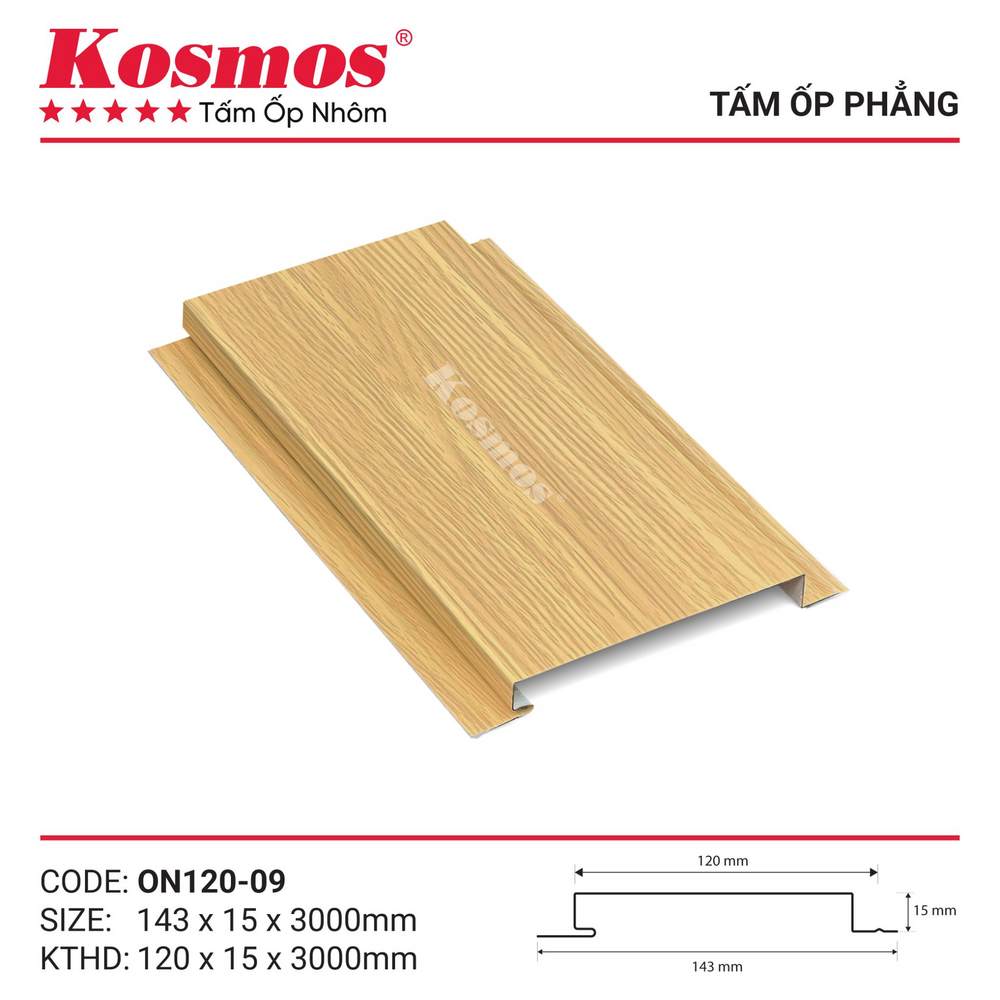Mẫu mã trần nhôm phẳng vân gỗ vàng sồi nhạt Walnut Kosmos ON120-09