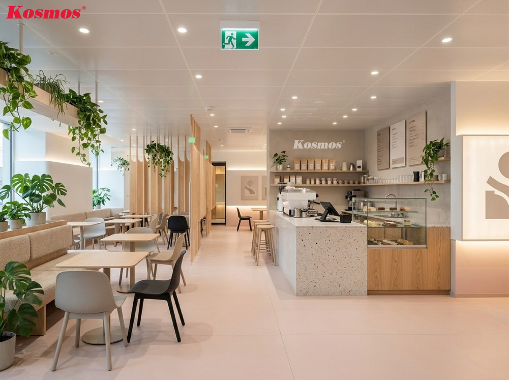 Mẫu quán cafe lắp trần nhôm chìm tạo sự liền mạch, gọn gàng