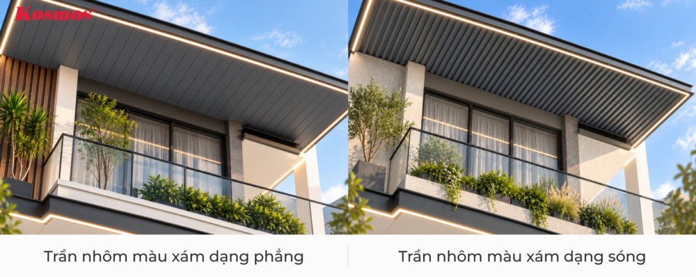 Mẫu trần nhôm màu xám dạng phẳng và dạng sóng