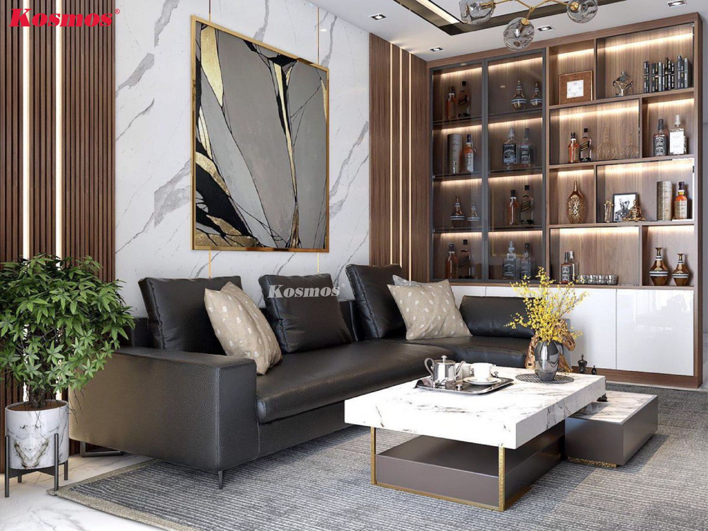 Mẫu vách ngăn tủ rượu tích hợp đèn LED và các ngăn trưng bày vật dụng Mẫu vách ngăn tủ rượu tích hợp đèn LED và các ngăn trưng bày vật dụng