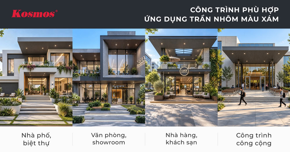 Nhóm công trình phù hợp ứng dụng trần nhôm màu xám