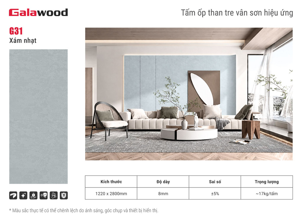 Tấm ốp than tre vân sơn hiệu ứng G31 xám nhạt ốp vách sofa phòng khách
