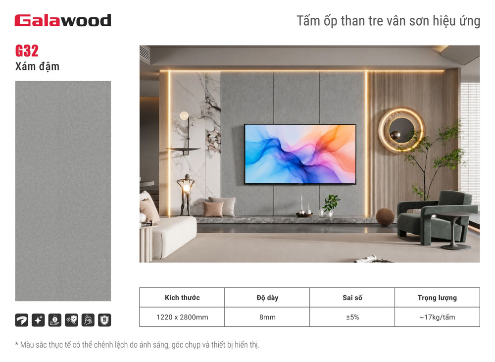 Tấm ốp than tre vân sơn hiệu ứng G32 xám đậm ốp vách tivi phòng khách