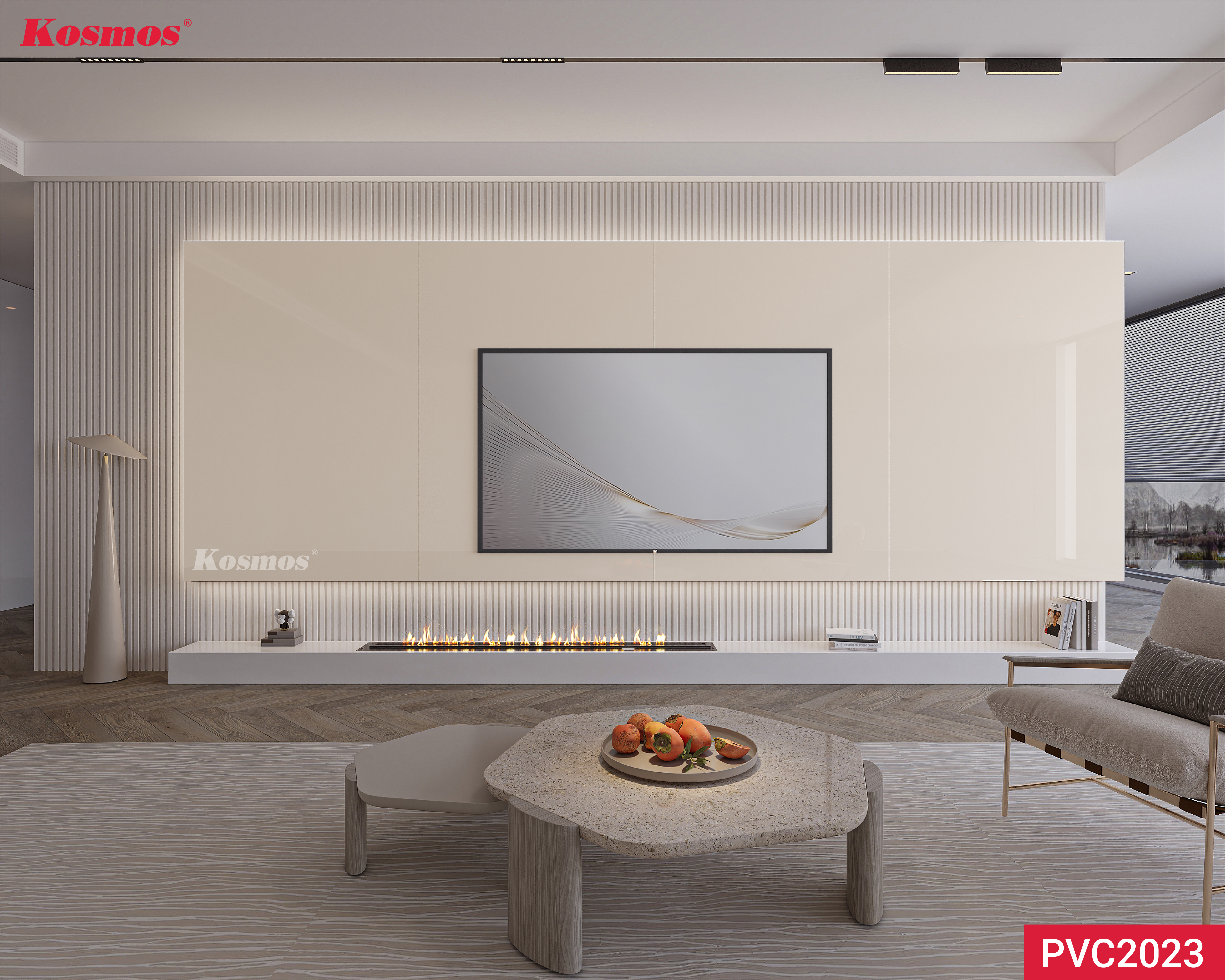 Tấm PVC vân đá Kosmos màu trắng sứ PVC2023 ốp vách tivi