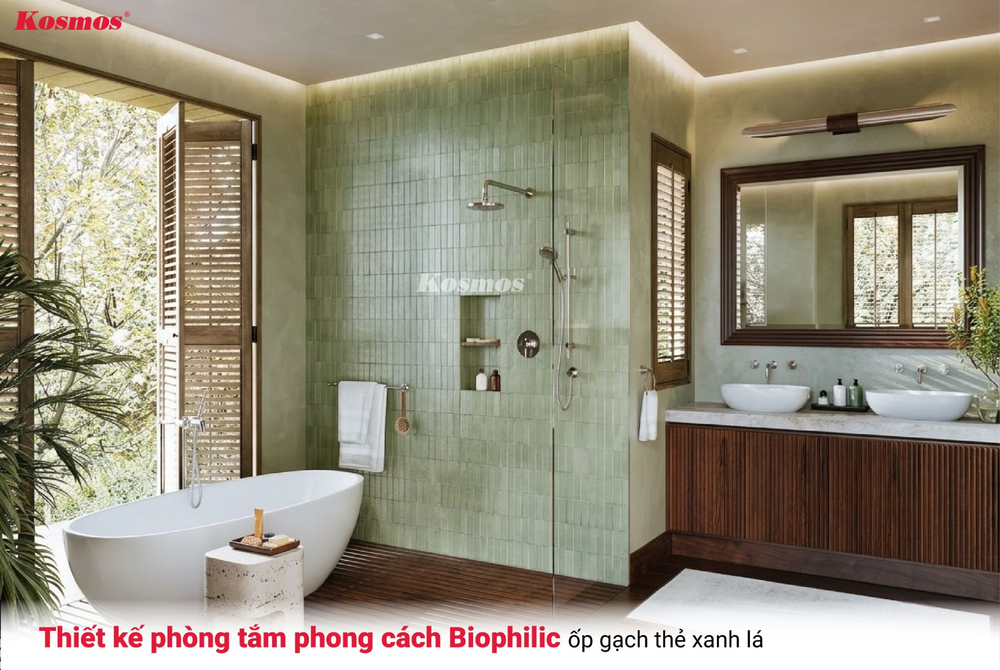 Thiết kế phòng tắm phong cách Biophilic ốp gạch thẻ xanh lá Thiết kế phòng tắm phong cách Biophilic ốp gạch thẻ xanh lá