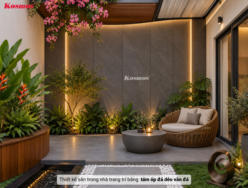 Thiết kế sân trong nhà trang trí bằng tấm ốp đá dẻo vân đá phiến Thiết kế sân trong nhà trang trí bằng tấm ốp đá dẻo vân đá phiến