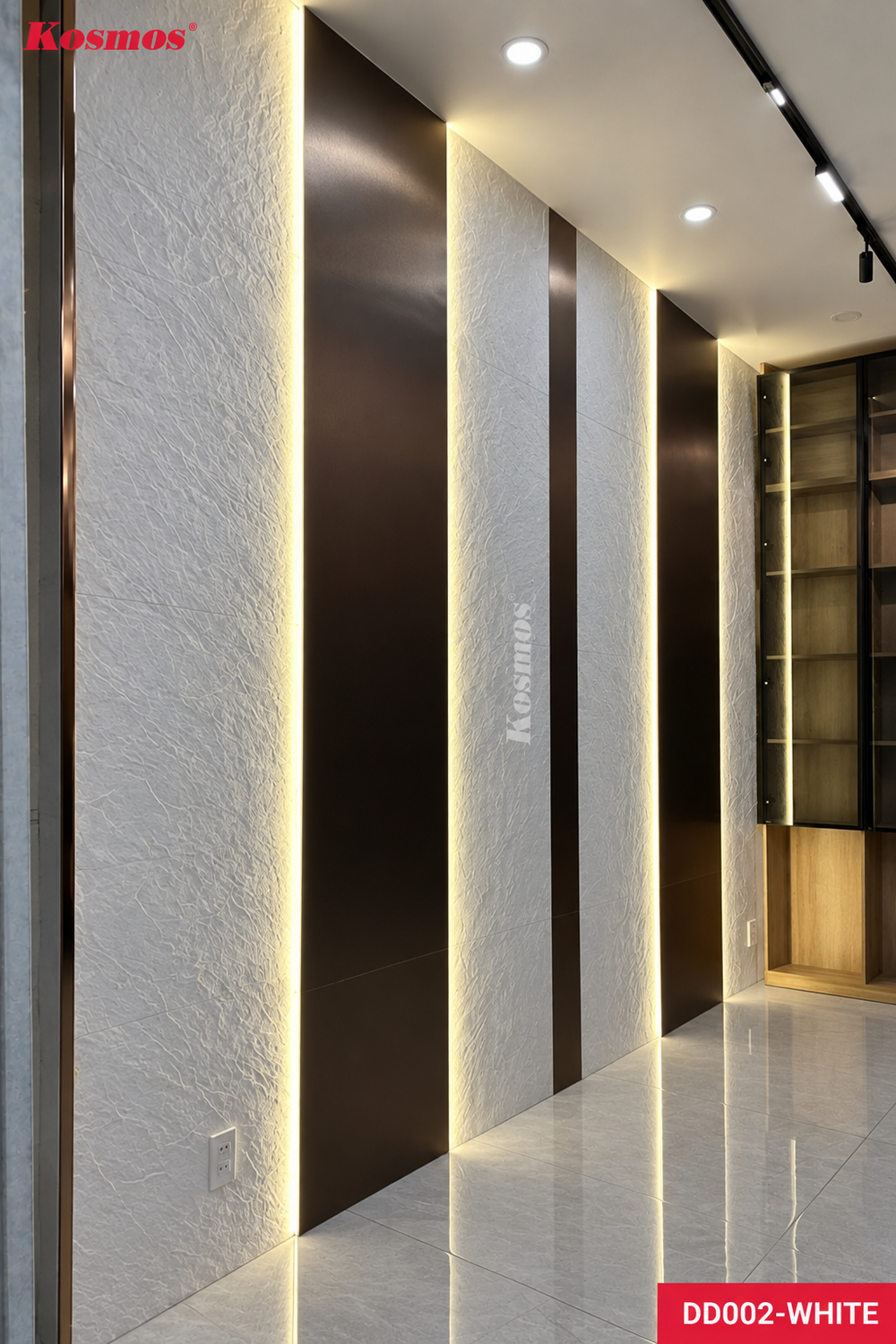 Thiết kế tường phòng khách ốp tấm đá dẻo vân đá phiến trắng DD002-WHITE Kosmos