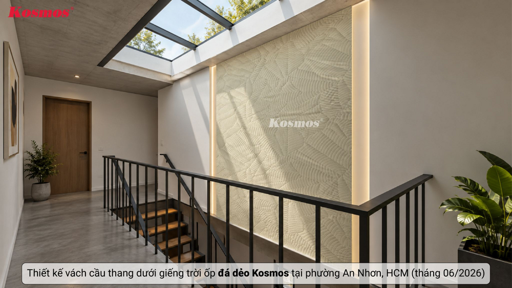 Thiết kế vách cầu thang dưới giếng trời ốp đá dẻo Kosmos tại phường An Nhơn, HCM (tháng 06/2026) Thiết kế vách cầu thang dưới giếng trời ốp đá dẻo Kosmos tại phường An Nhơn, HCM (tháng 06/2026)