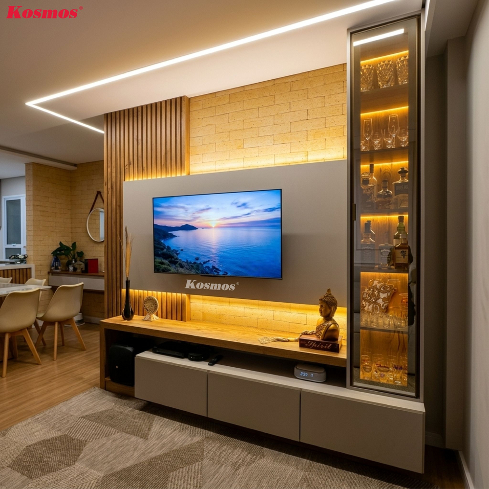 Ứng dụng ngăn phòng bằng hệ vách tủ rượu - tivi tích hợp đèn LED âm