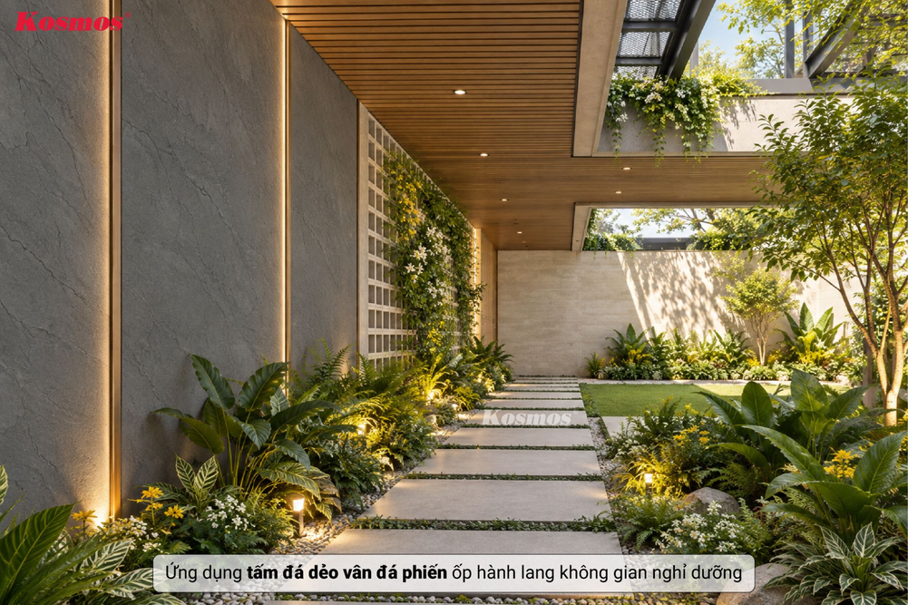 Ứng dụng tấm đá dẻo vân đá phiến ốp hành lang không gian nghỉ dưỡng Ứng dụng tấm đá dẻo vân đá phiến ốp hành lang không gian nghỉ dưỡng