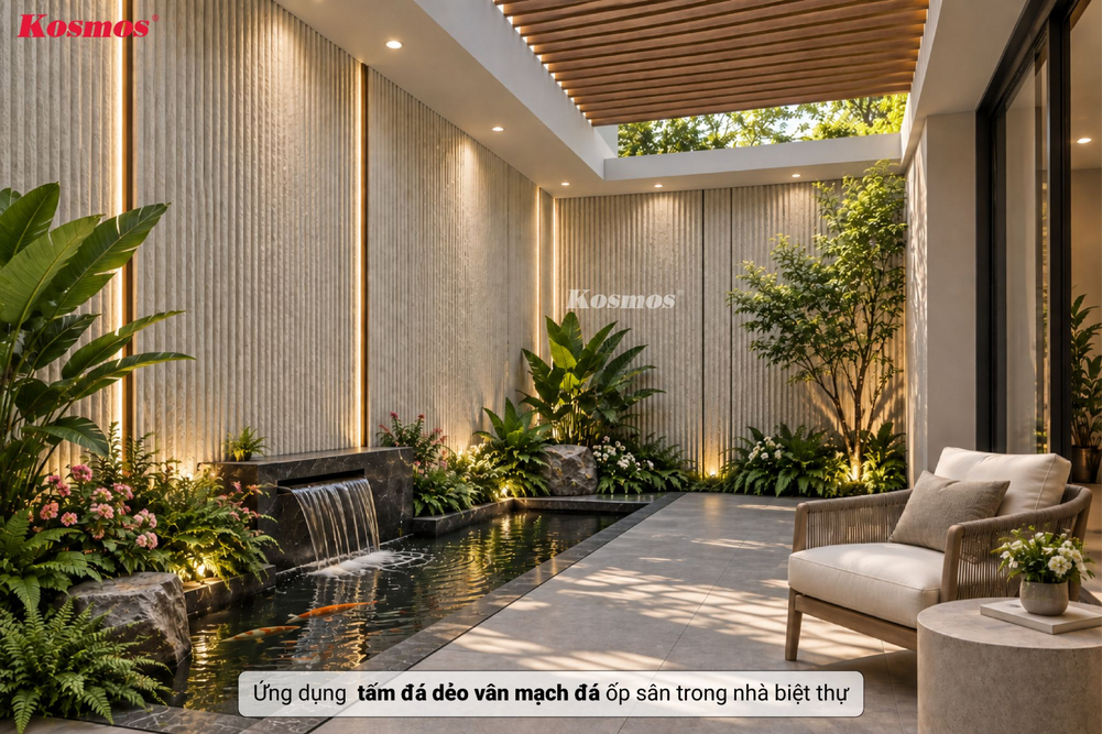 Ứng dụng tấm đá dẻo vân mạch đá ốp sân trong nhà biệt thự Ứng dụng tấm đá dẻo vân mạch đá ốp sân trong nhà biệt thự